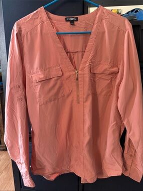 Express V-Neck Zip Front Blouse in Coral Pink